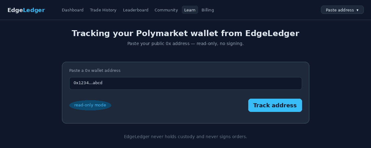 EdgeLedger top navigation with the Learn tab active and a 'Paste address' input where you can enter a public 0x wallet address to track in read-only mode.