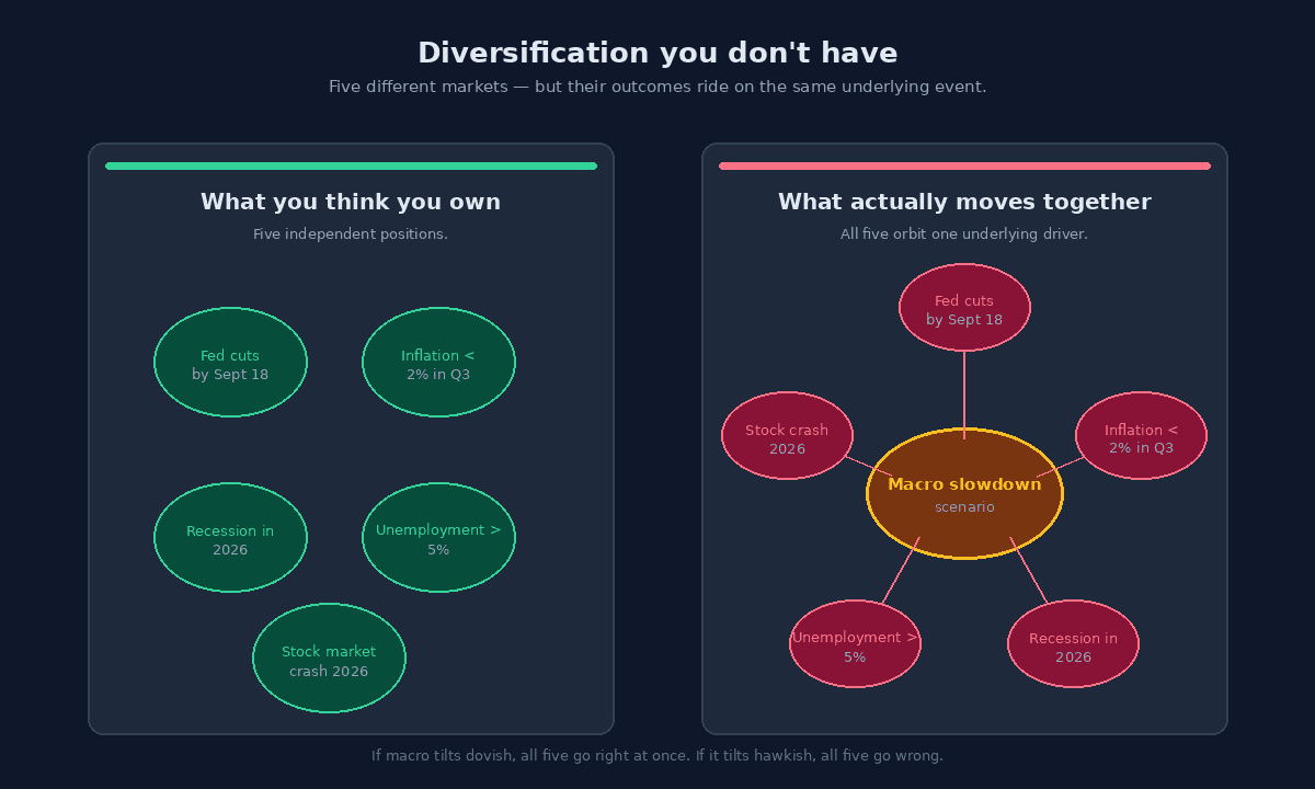 Two-panel comparison. Left panel labeled 'What you think you own': five distinct emerald-bordered ovals showing 'Fed cuts by Sept 18,' 'Inflation < 2% in Q3,' 'Recession in 2026,' 'Unemployment > 5%,' and 'Stock market crash 2026.' Right panel labeled 'What actually moves together': the same five positions arranged in a circle around a central amber 'Macro slowdown scenario' node, with rose connecting lines showing all five orbit one underlying driver.